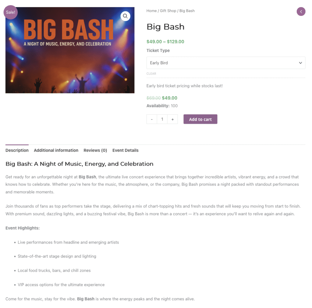 Screenshot of event product page showing a Ticket Type selector with different tiers.