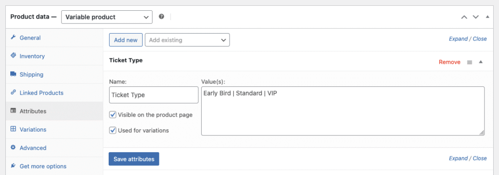 Screenshot of WooCommerce Attributes panel showing Ticket Type attribute with three values.
