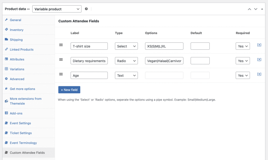 Screenshot of FooEvents custom attendee fields panel.