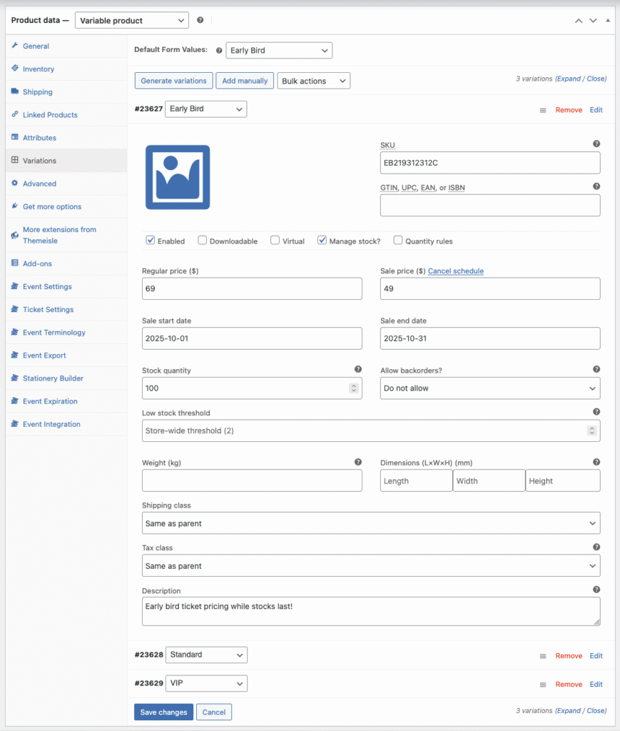 Screenshot of WooCommerce Variations screen with different prices and stock per ticket tier.