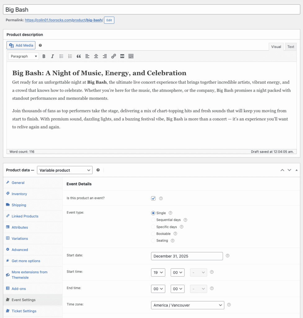 Screenshot of WooCommerce product editor showing FooEvents options enabled and Variable product type selected.