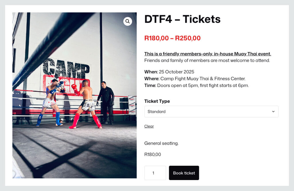 Camp Fight Case Study: Small Members-Only Event, Heavyweight Ticketing 2 Product Page Screenshot
