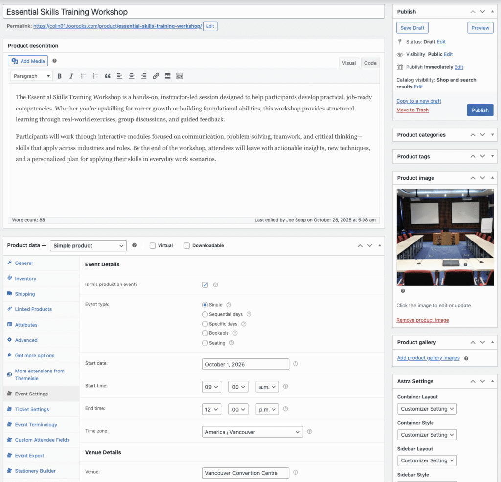 Host Workshops And Training Sessions With Fooevents 2 Screenshot Of Woocommerce Product Editor Showing Fooevents Options For A Workshop.