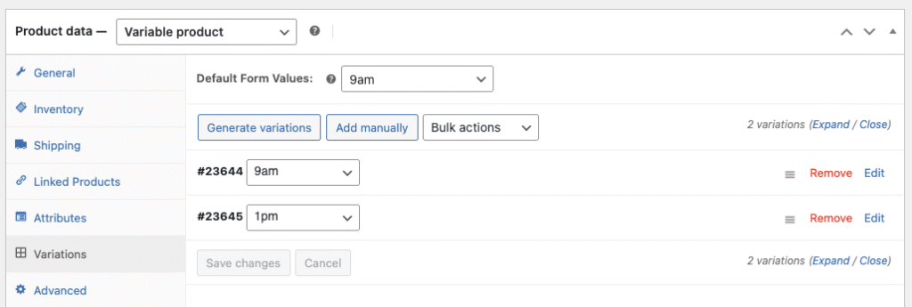 Host Workshops And Training Sessions With Fooevents 4 Screenshot Of Wordpress Editor Showing Variations For 9Am And 1Pm Timeslots.