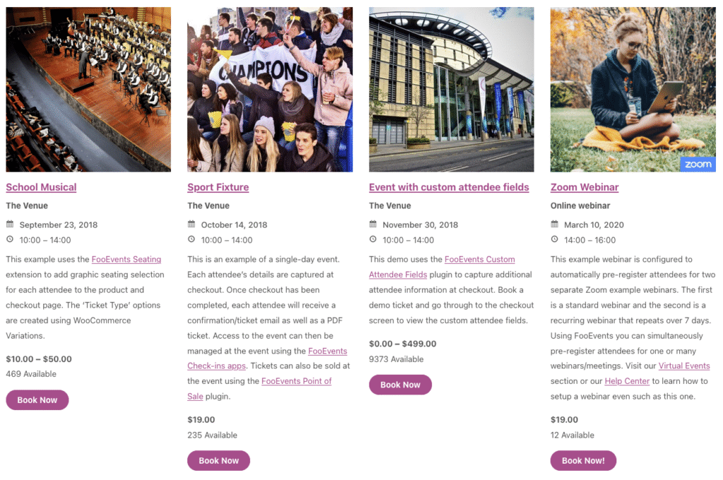 Host Workshops And Training Sessions With Fooevents 5 Screenshot Of An Event Listing Block (Tiles) Generated From A Fooevents Shortcode.