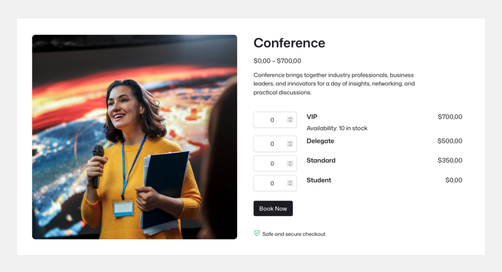 Product Page Showing Ticket Types In A Table Variation Layout With Quantity Fields