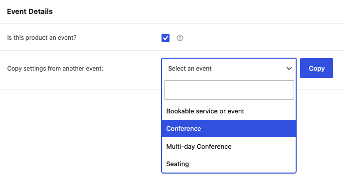 Woocommerce Product Edit Screen Showing The New Copy Event Settings Option